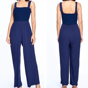 West Kei Blue Jersey Knit Jumpsuit Wide Leg Smocked Chest Women’s Medium